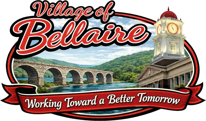 'Welcome to Bellaire' over a picture of the Ohio River and aquaduct. Below that is 'Working Toward a Better Tomorrow'
